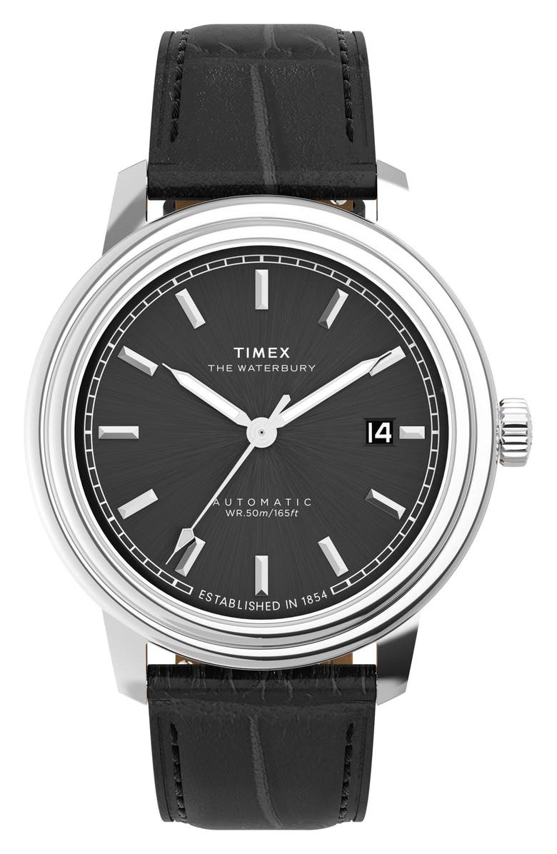 Timex<sup>®</sup> Waterbury Metropolitan Automatic Leather Strap Watch, 41mm, Main, color, Black