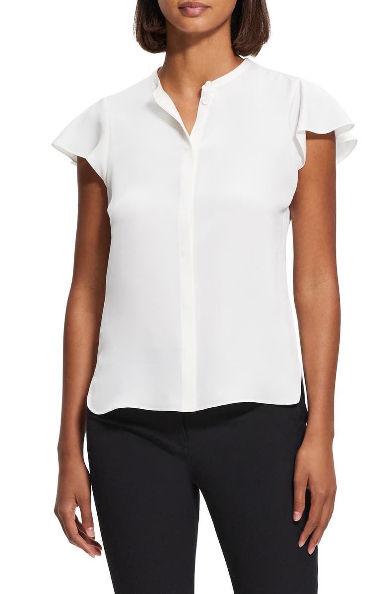 Theory Tp Mod Flounce Sleeve Silk Blouse, Main, color, Ivory - C05