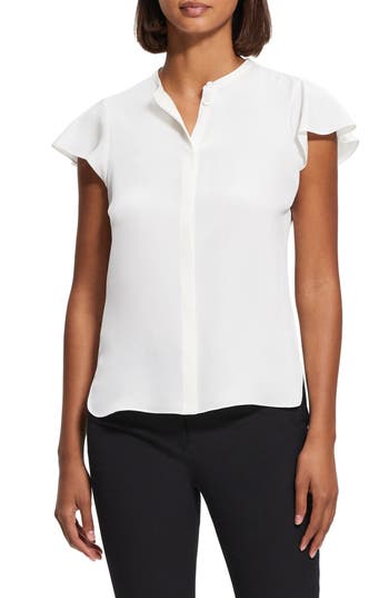 Theory Ruffle Sleeve Top In Silk Georgette In White