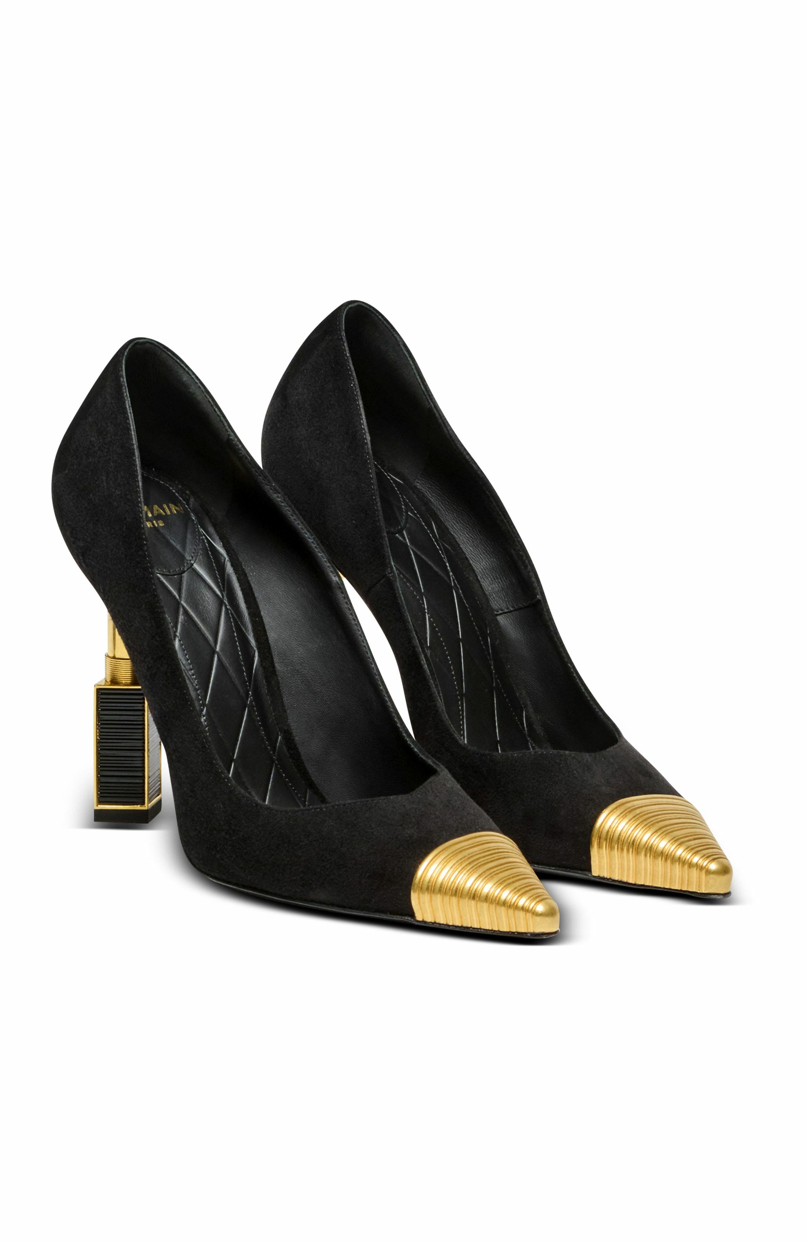 Balmain Lipstick Pumps In Suede Leather And Brass, Alternate, color, 