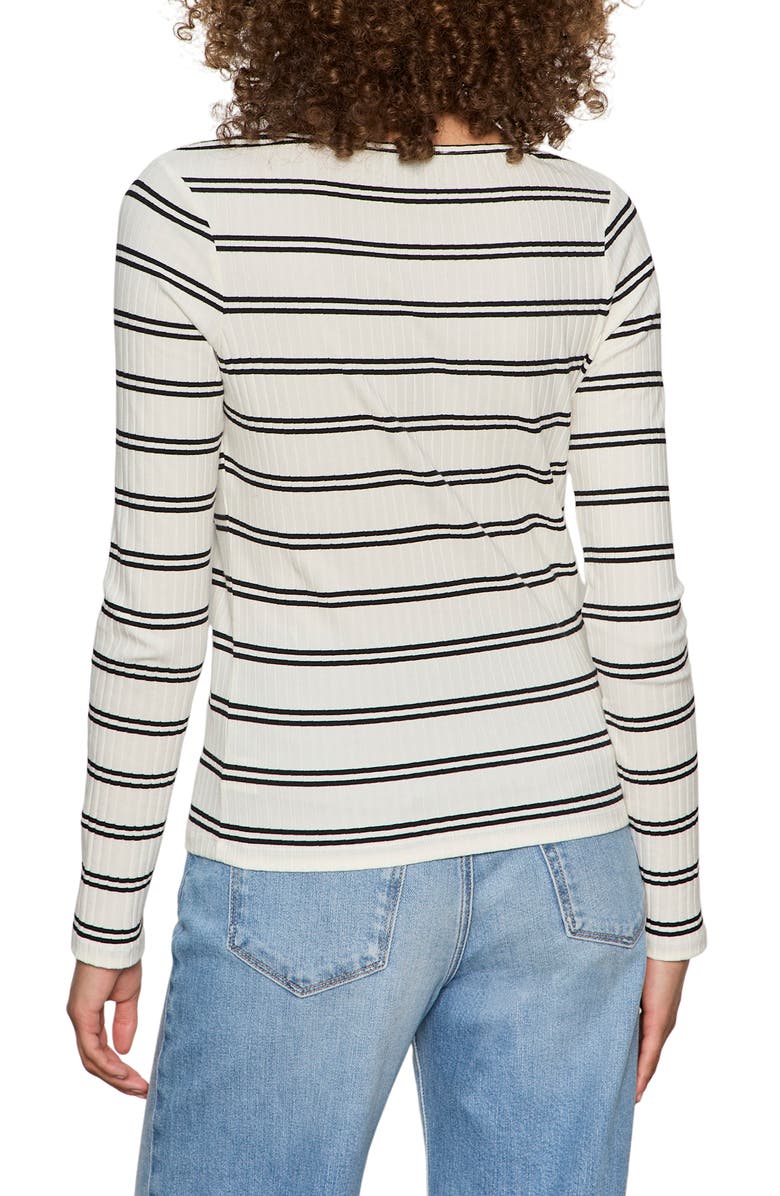 Sanctuary Stripe Button Front Long Sleeve Rib Top, Alternate, color, Chalk White/ Black Stripe