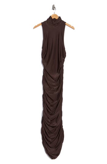 Afrm Los Angeles Sonia Shiny Knit Ruched Maxi Dress In Brown