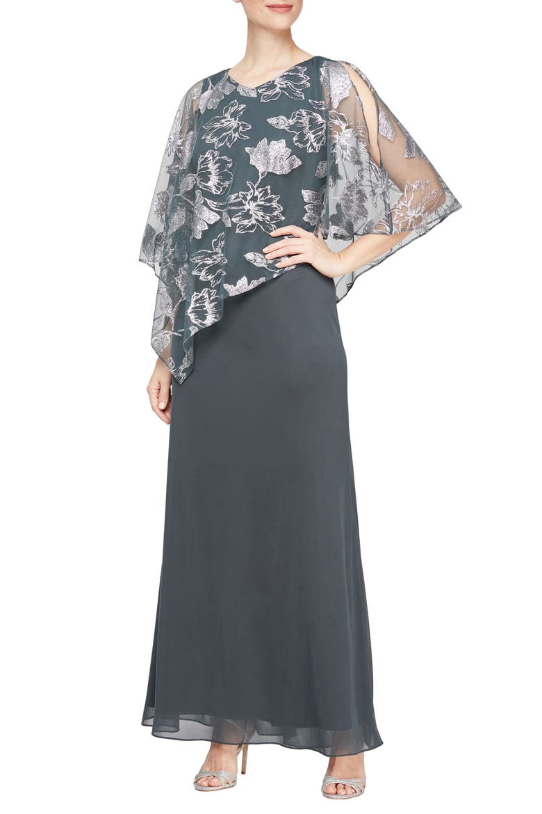 Metallic Floral Chiffon Cape Gown, Main, color, SMOKE/ SILVER