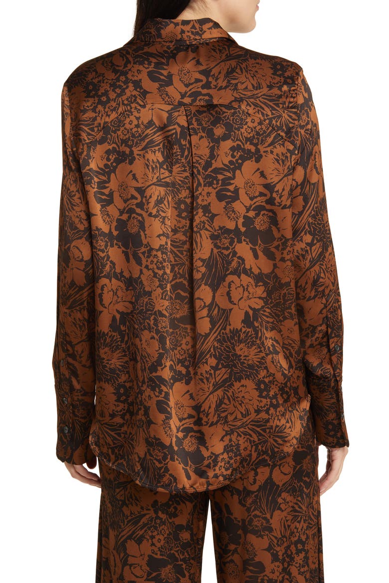 Oversize Floral Satin Button-Up Shirt, Alternate, color, BROWN DARK