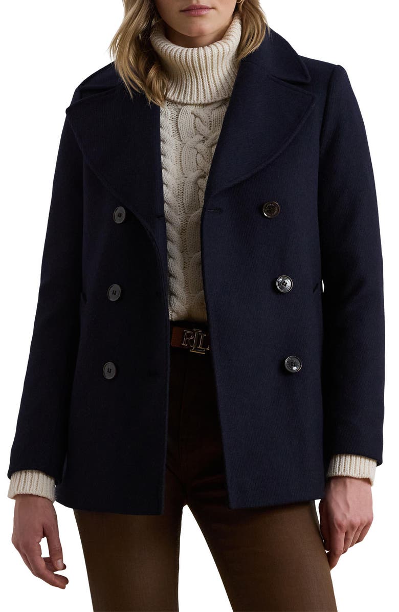 Lauren Ralph Lauren Wool Blend Twill Peacoat, Main, color, Regal Navy