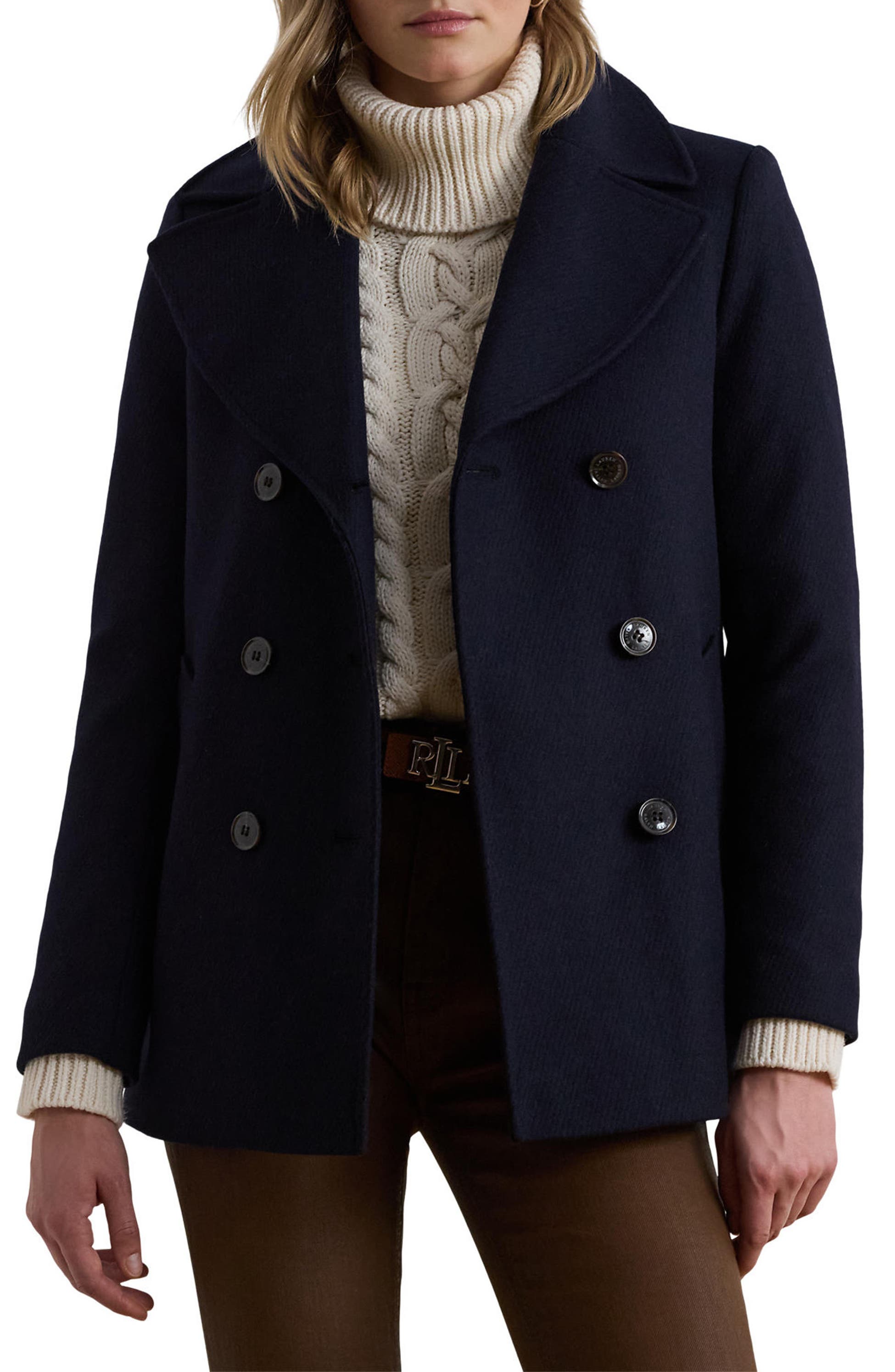 Lauren Ralph Lauren Wool Blend Twill Peacoat, Main, color, Regal Navy