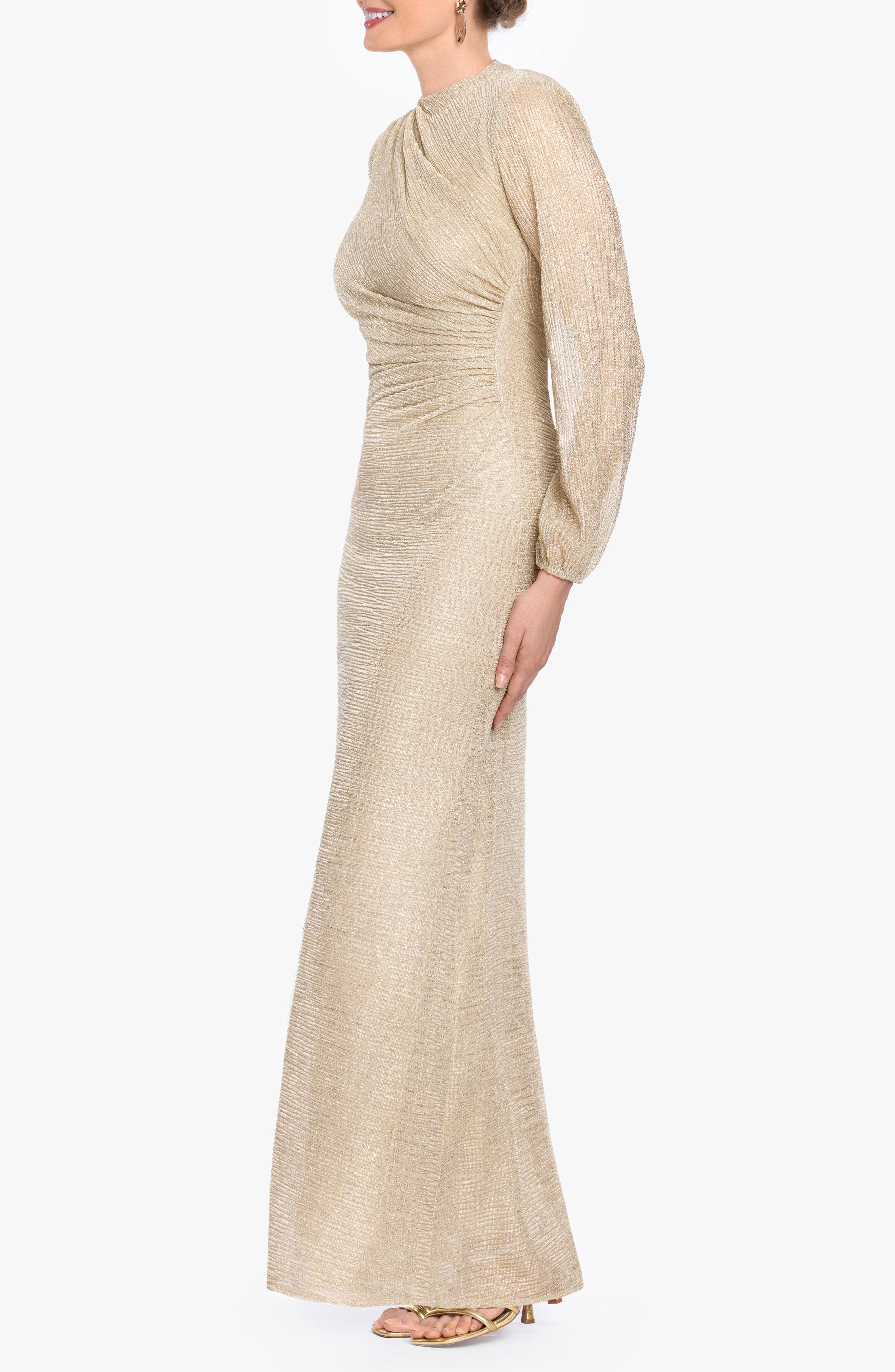 Betsy & Adam Metallic Crinkle Ruched Long Sleeve Trumpet Gown (Women ...