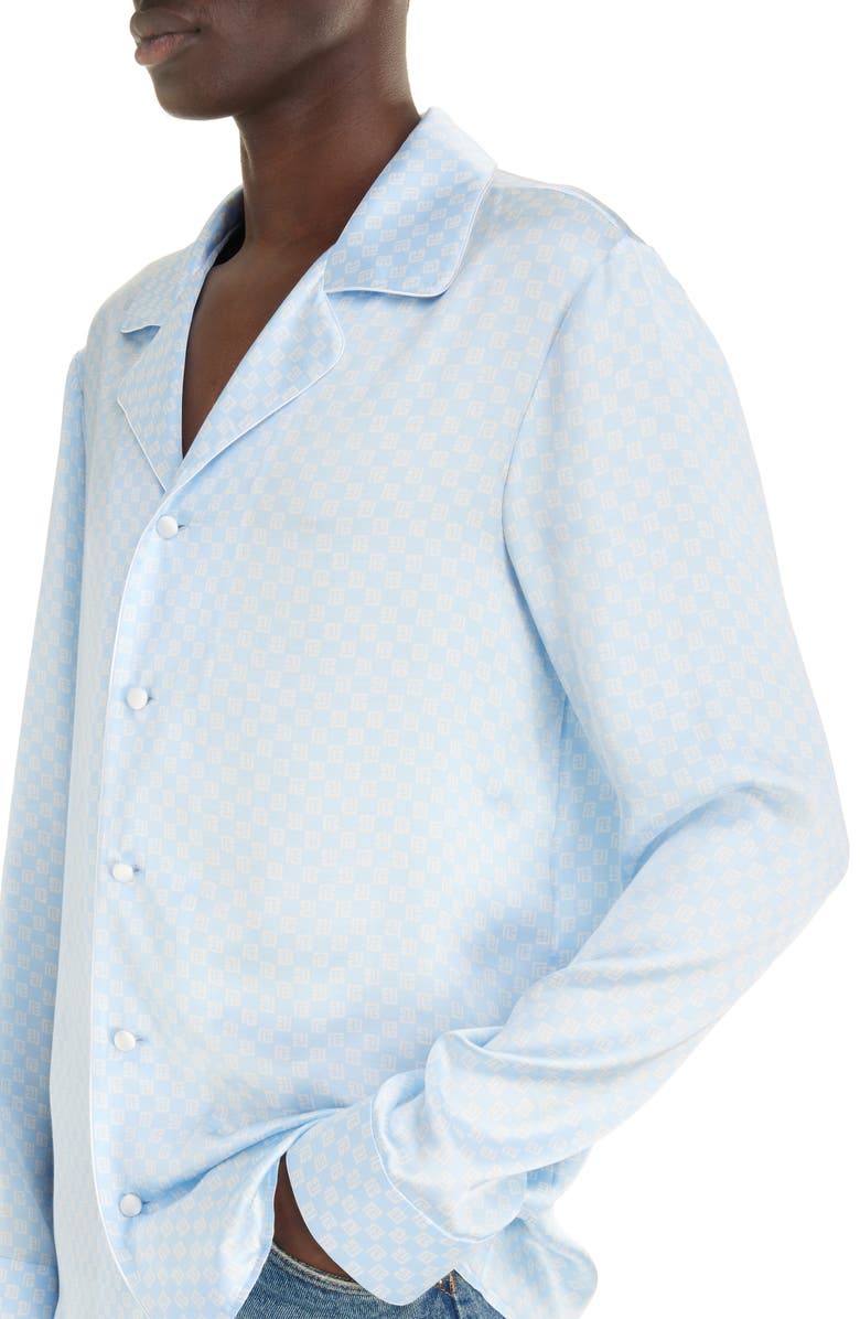 Balmain Mini Monogram Satin Button-Up Shirt, Alternate, color,
