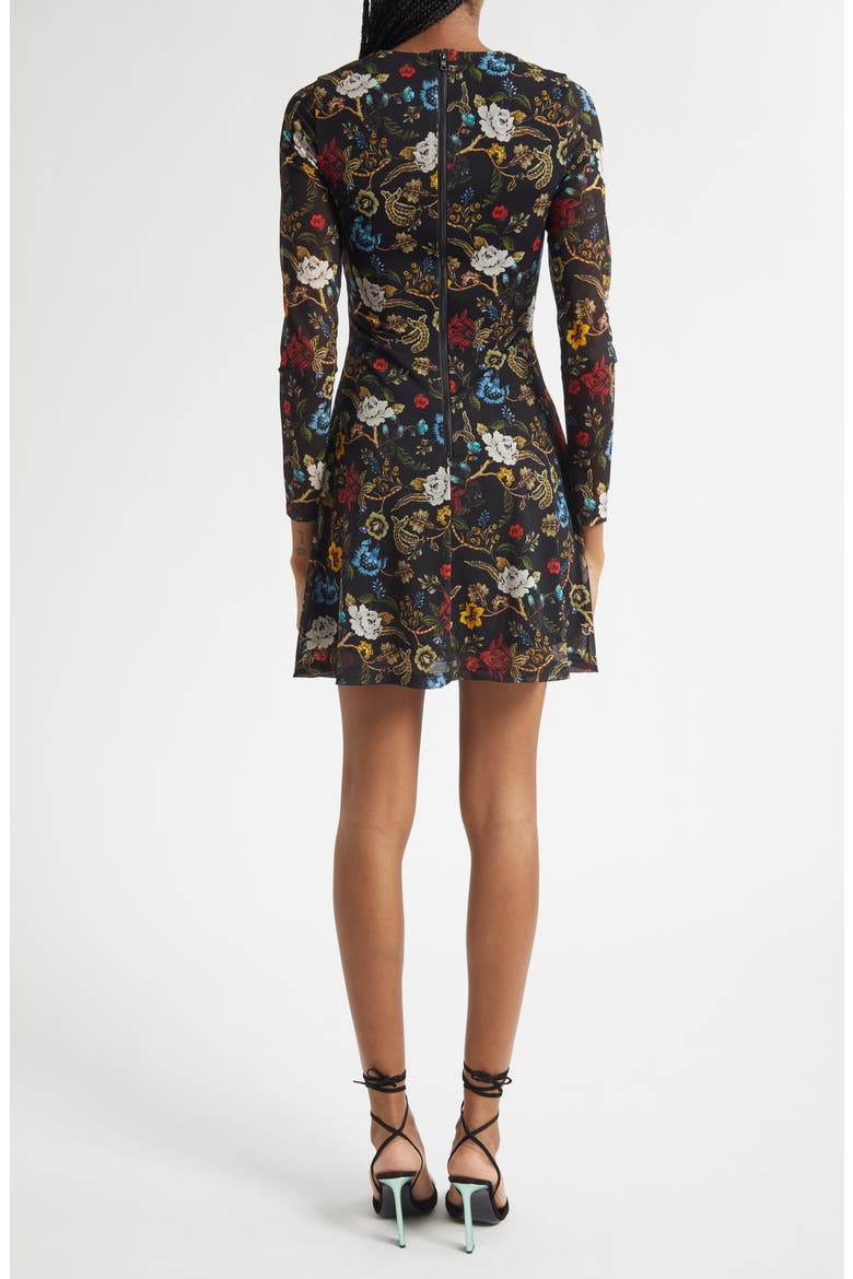 Delora Floral Long Sleeve Mesh Minidress, Alternate, color, TAPESTRY TRAILS SM BLACK