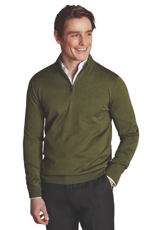 Charles Tyrwhitt Pure Merino Zip Neck Sweater in Moss Green 