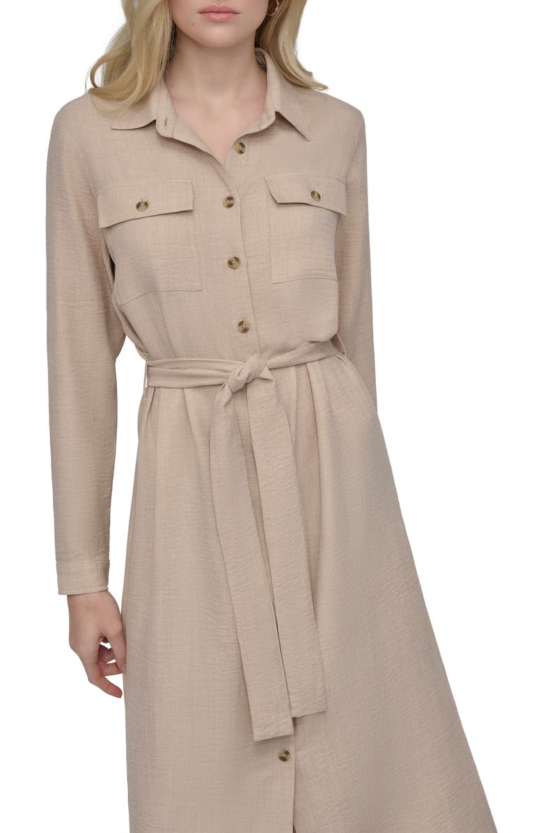 DKNY Long Sleeve Belted Midi Shirtdress, Alternate, color, Beige