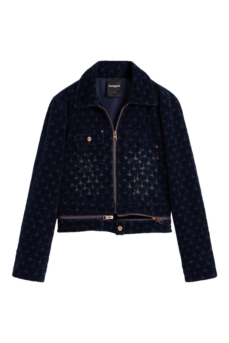 Flocked Denim Trucker Jacket, Alternate, color, DARK BLUE