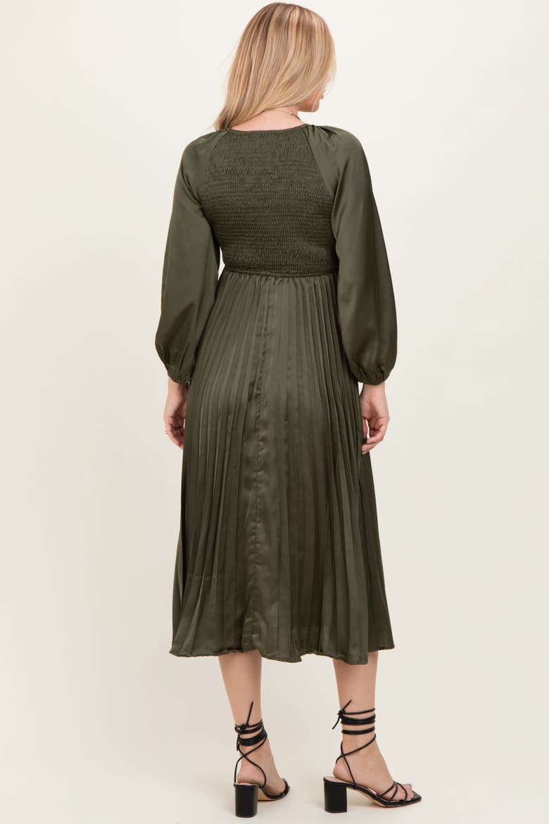 Satin Smocked Pleated Midi Dress, Alternate, color, Olive Green