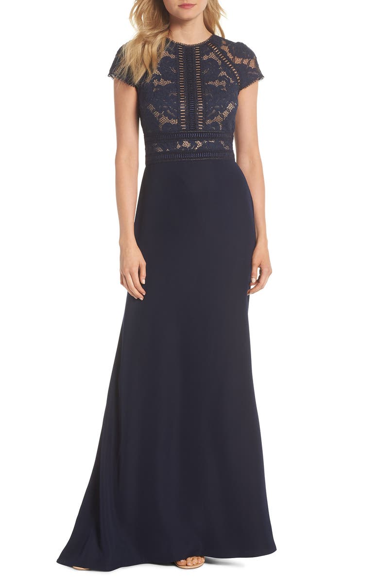 Tadashi Shoji Lace & Crepe A-Line Gown, Main, color, Navy/ Nude