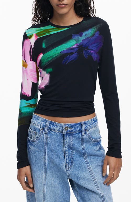 Desigual Floral Fine Gauge Crewneck Sweater In Black