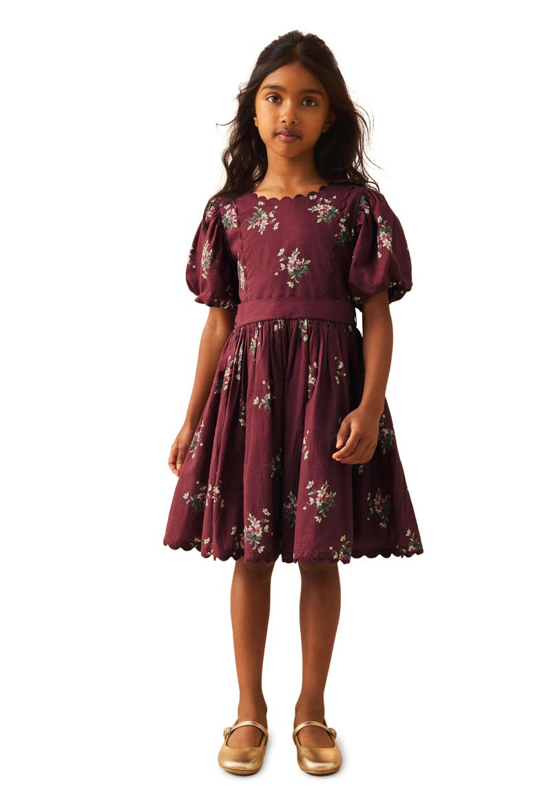 Kids' Floral Puff Sleeve Cotton Dress, Alternate, color, RED