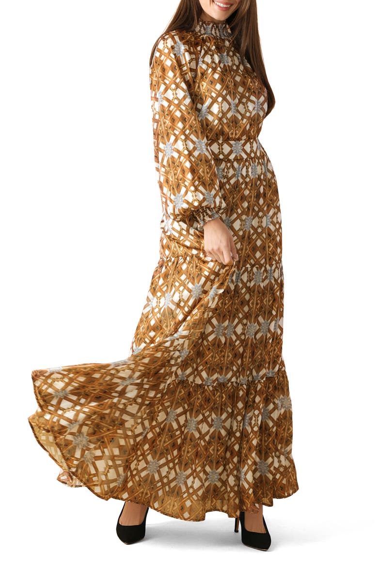 Print Tiered Long Sleeve Maxi Dress, Alternate, color, IVORY