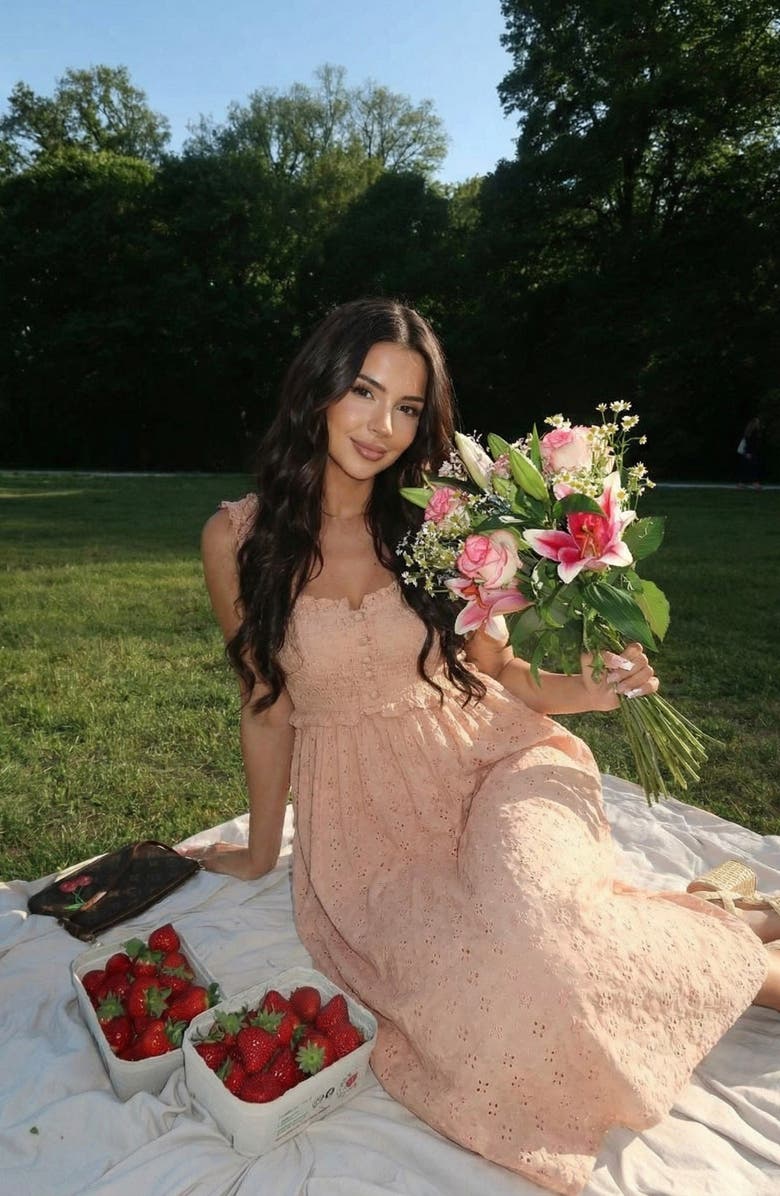 Modenaire Smocked Ruffle Straps Midi Dress, Alternate, color, Blush Pink