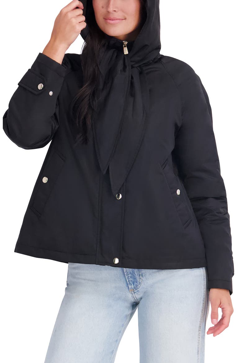 Quilted Satin Jacket with Bow, Alternate, color, BLACK