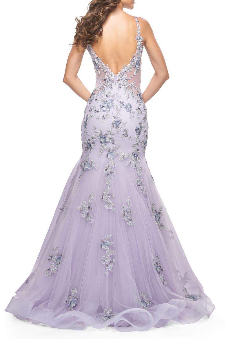 Mermaid Gown with Two Tone Lace Appliques, Alternate, color, Lavender Gray