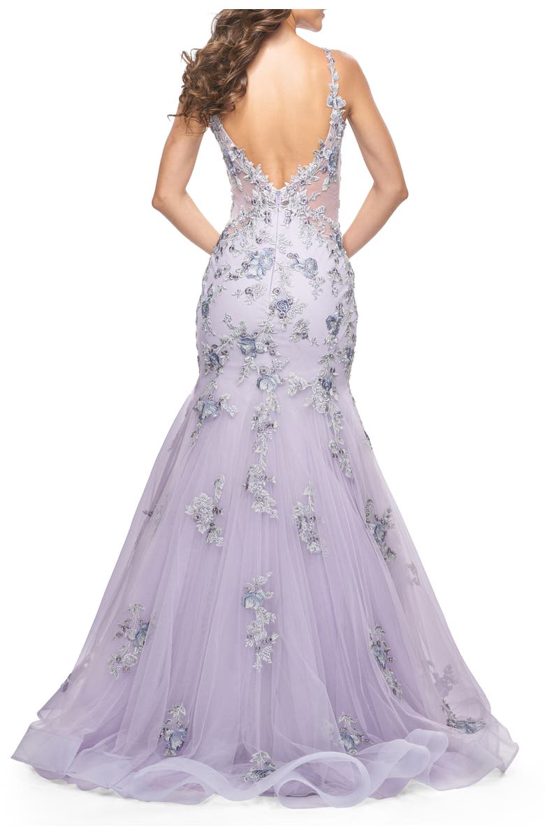 La Femme Mermaid Gown with Two Tone Lace Appliques, Alternate, color, Lavender Gray