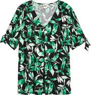 AK ANNE KLEIN Tropical Print V-Neck Tie Cuff Knit Top
