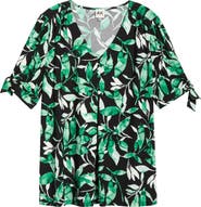AK ANNE KLEIN Tropical Print V-Neck Tie Cuff Knit Top
