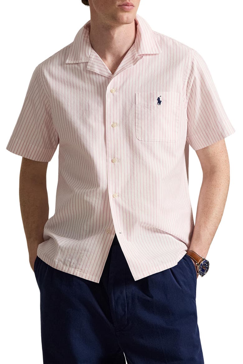 Classic Fit Stripe Cotton Oxford Cloth Camp Shirt, Main, color, WHITE/ NEW ROSE