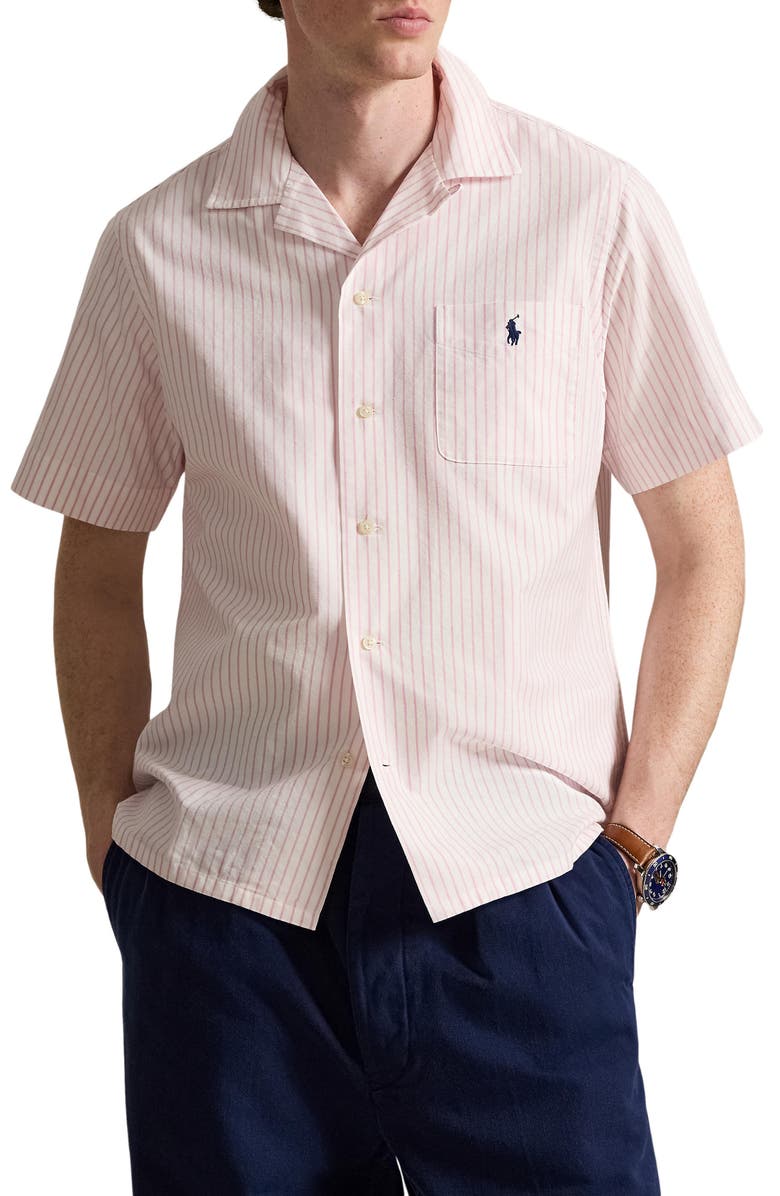 Polo Ralph Lauren Classic Fit Stripe Cotton Oxford Cloth Camp Shirt, Main, color, White/ New Rose