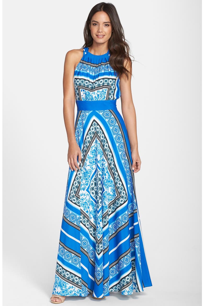 Scarf Print Halter Crêpe de Chine Maxi Dress, Main, color, BLUE