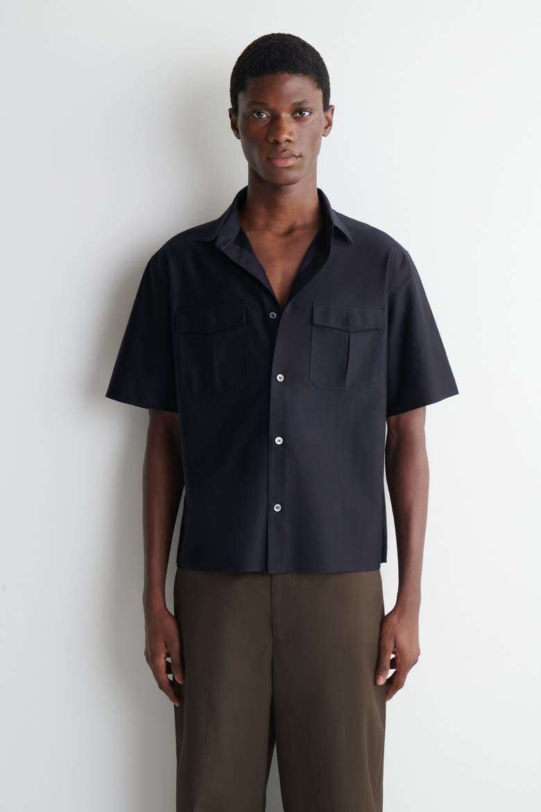 Striped Cotton-jacquard Shirt, Main, color, NAVY / BROWN / STRIPED