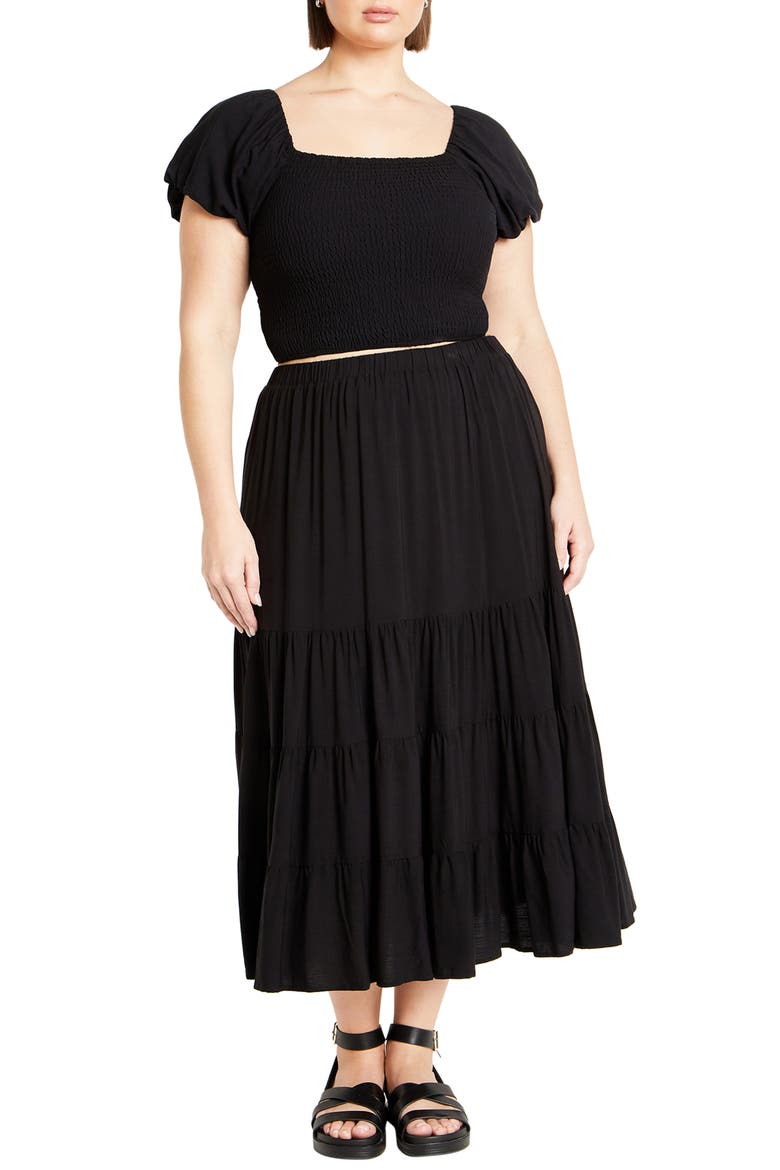 Dylan Smocked Puff Sleeve Crop Top, Alternate, color, BLACK