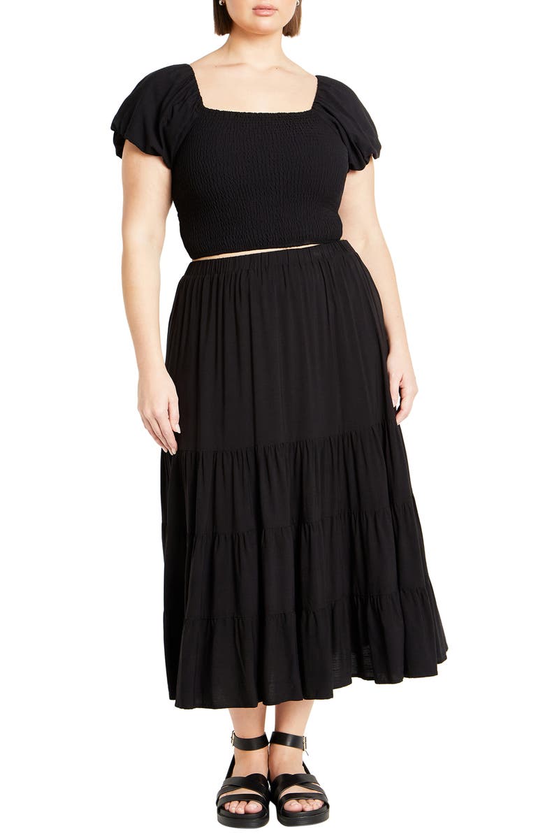 City Chic Dylan Smocked Puff Sleeve Crop Top, Alternate, color, Black