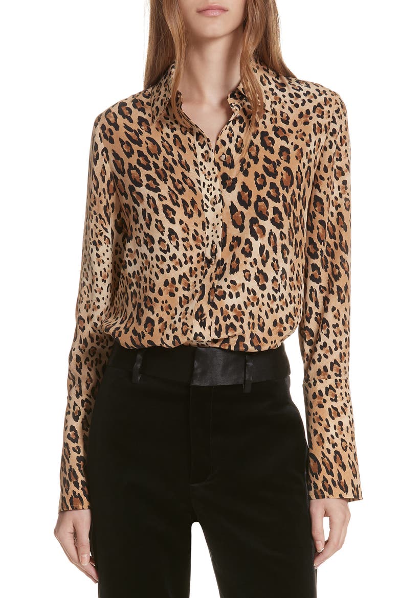 Leopard Print Silk Blouse, Main, color, CAMEL MULTI