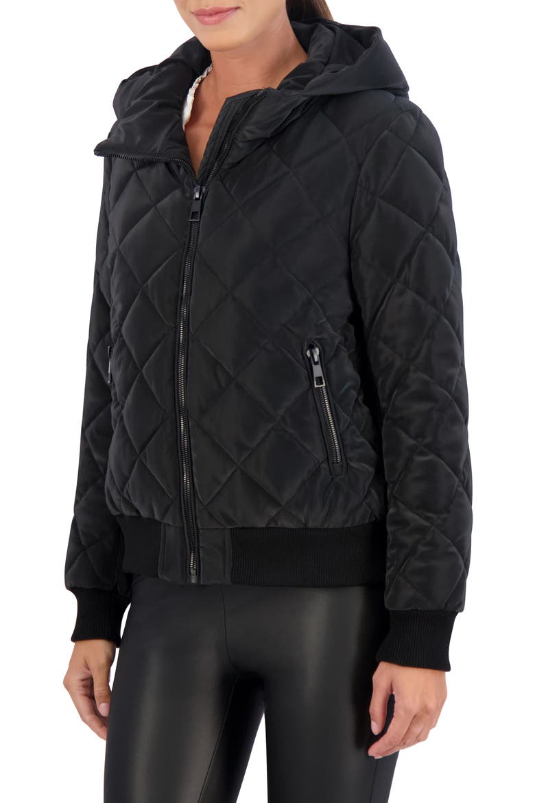 Water Resistant Hooded Quilted Bomber Jacket, Alternate, color, BLACK