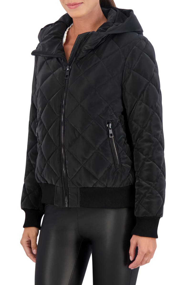 Ookie & Lala Water Resistant Hooded Quilted Bomber Jacket, Alternate, color, Black