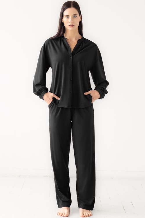 Salua Mandarin Collar Soft Pima Cotton Pajamas In Black