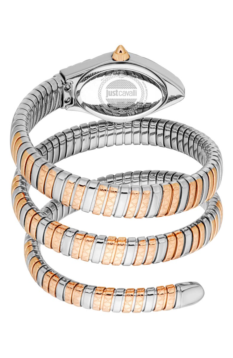 Just Cavalli Snake Vetra Wraparound Two-Tone Bracelet Watch, 20mm x 34.5mm, Alternate, color, Two Tone Silver / Rose Gold