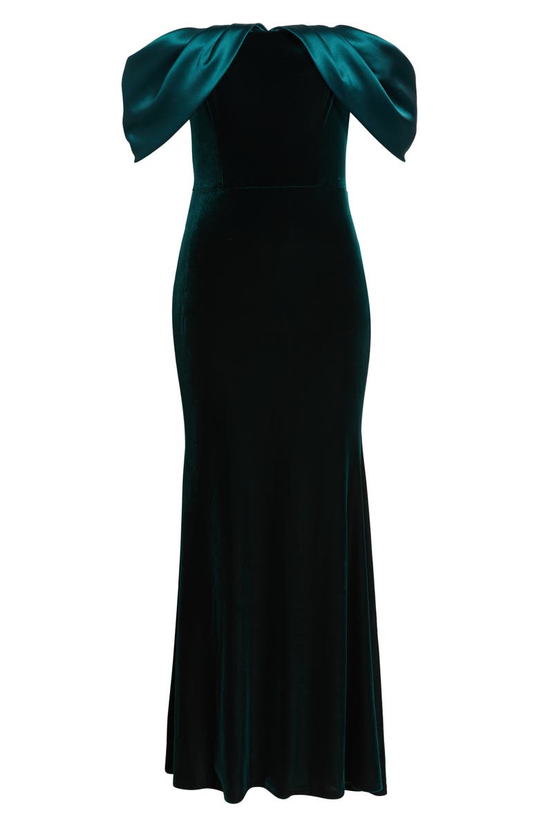 Eliza J Off the Shoulder Satin & Velvet Mermaid Gown, Alternate, color, Hunter