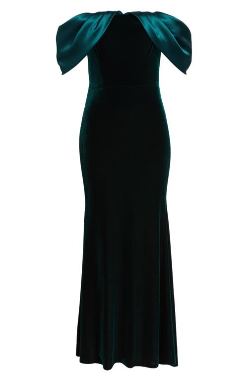 Eliza J Off The Shoulder Satin & Velvet Mermaid Gown In Green
