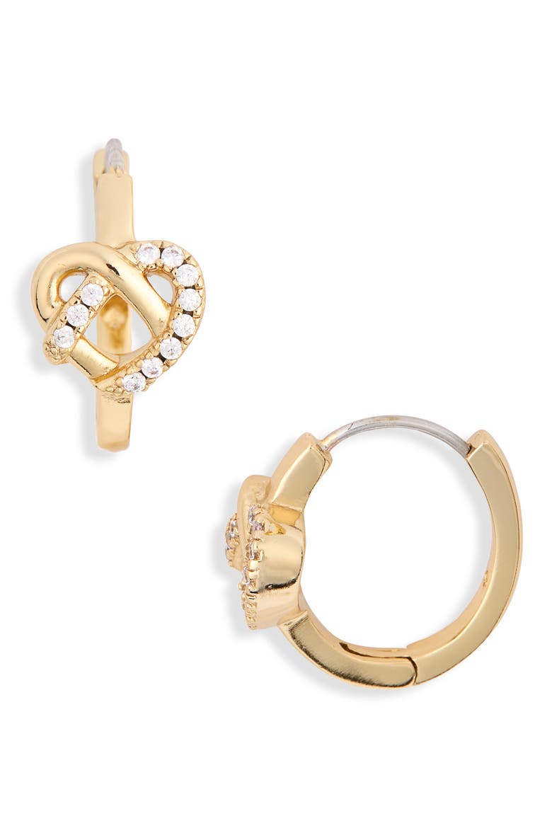 pavé knot huggie hoop earrings, Alternate, color, CLEAR / GOLD