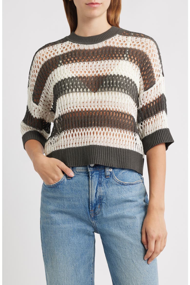 Stripe Pointelle Stitch Sweater, Main, color, SOFT CHARCOAL STRIPE