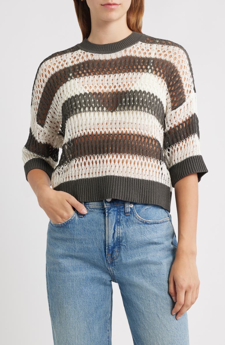 Madewell Stripe Pointelle Stitch Sweater, Main, color, Soft Charcoal Stripe
