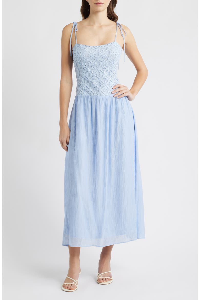 Floral Appliqué Tie Shoulder Midi Dress, Main, color, BLUE