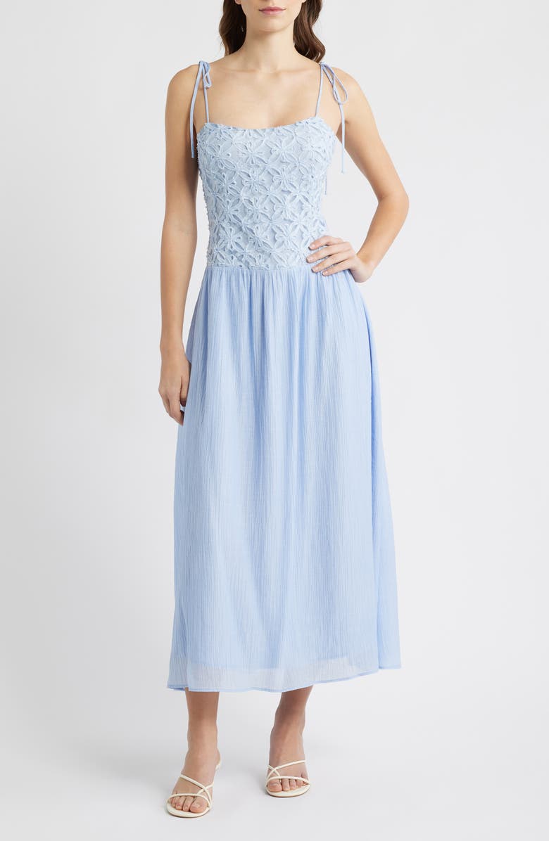 MOON RIVER Floral Appliqué Tie Shoulder Midi Dress, Main, color, Blue