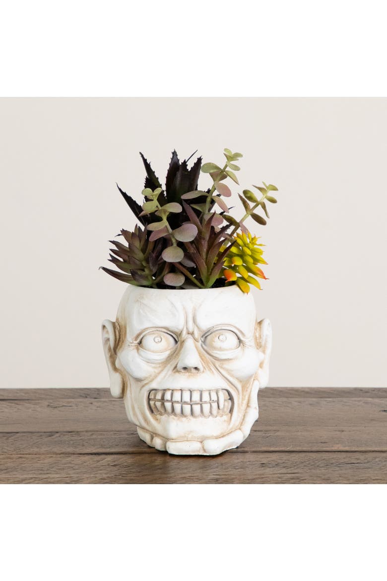 8-in Artificial Halloween Succulent Garden in Zombie Halloween Planter, Alternate, color, White/Green