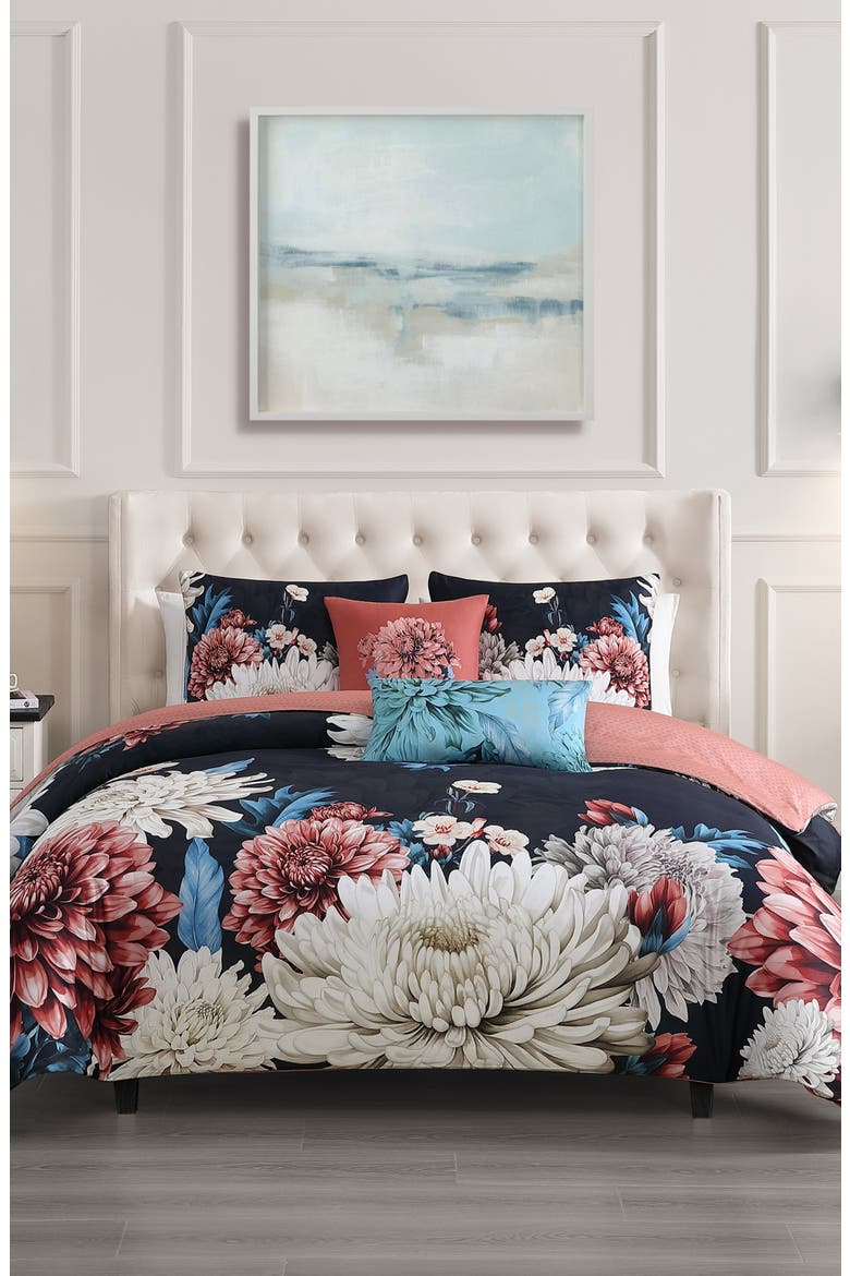 Navy Mums Reversible 5-Piece Comforter Set, Main, color, BLUE