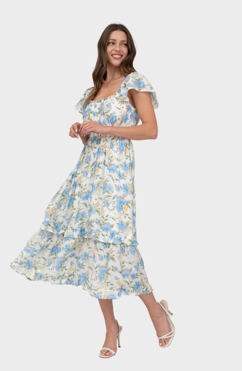 AUGUST SKY Flutter Sleeve Midi Dress, Alternate, color, Blue Multi