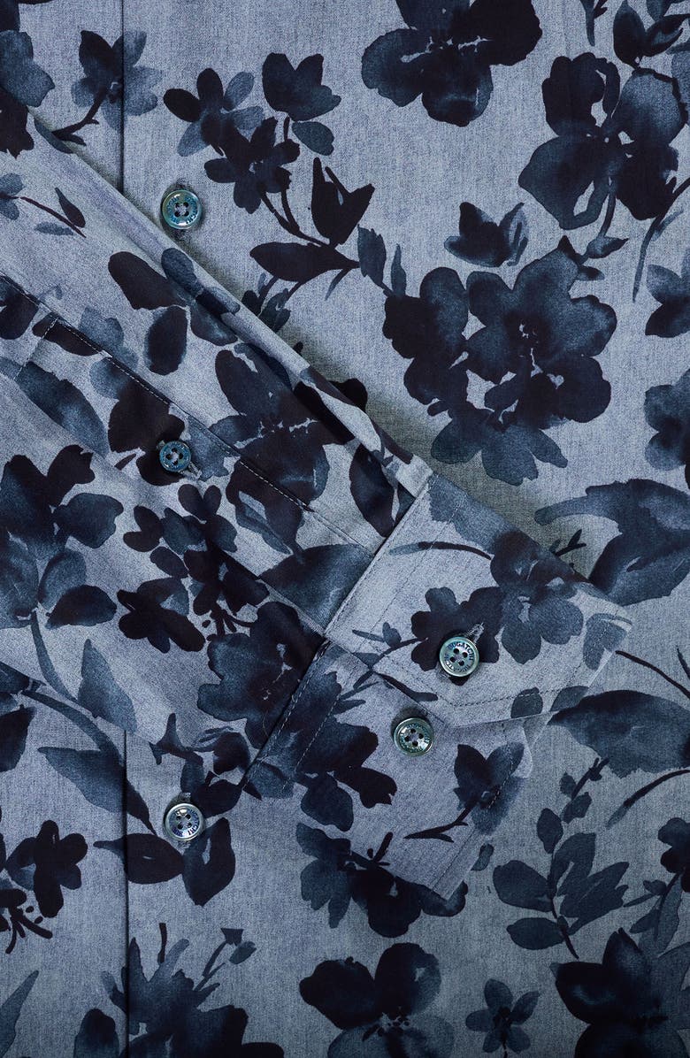 Bugatchi Julian Shaped Fit Floral Print Stretch Cotton Button-Up Shirt, Alternate, color, Cobalt