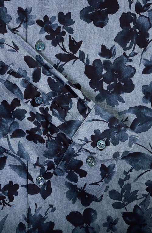 Bugatchi Julian Shaped Fit Floral Print Stretch Cotton Button-up Shirt In Blue